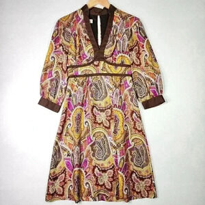 Tibi New York Women's Dress Size 0 Empire Waist 100% Silk Mod BOHO Brown Paisley